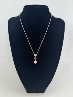 Authentic Gucci Sterling Silver Heart Pendant Necklace with Red Crystals